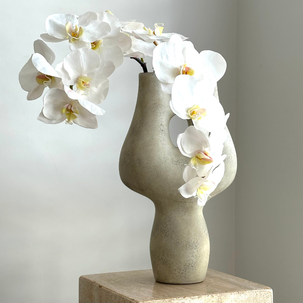 White Real-touch Phalaenopsis Orchid in bone marble vase