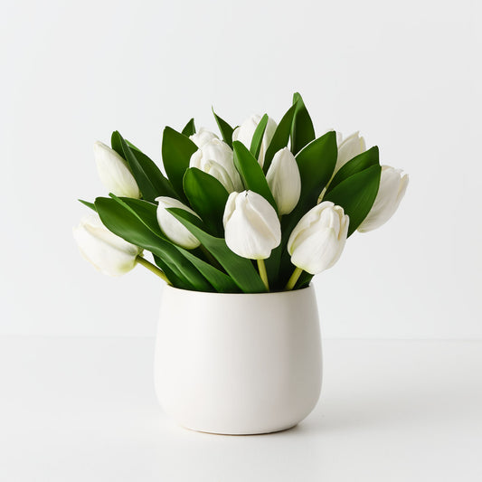 White Real-Touch Tulips in Small Ceramic Vase