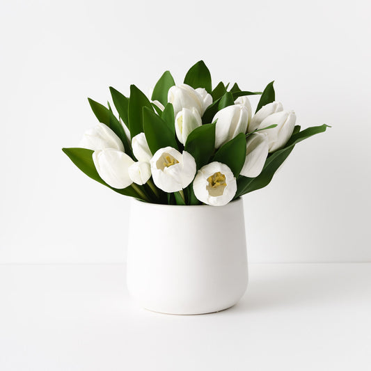 White Real-Touch Tulip in Small Cermaic Vase