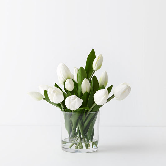 White Real-Touch Tulips in Medium Glass Vase