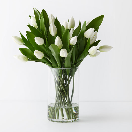 White Real-Touch Tulips in Large Glass Vase